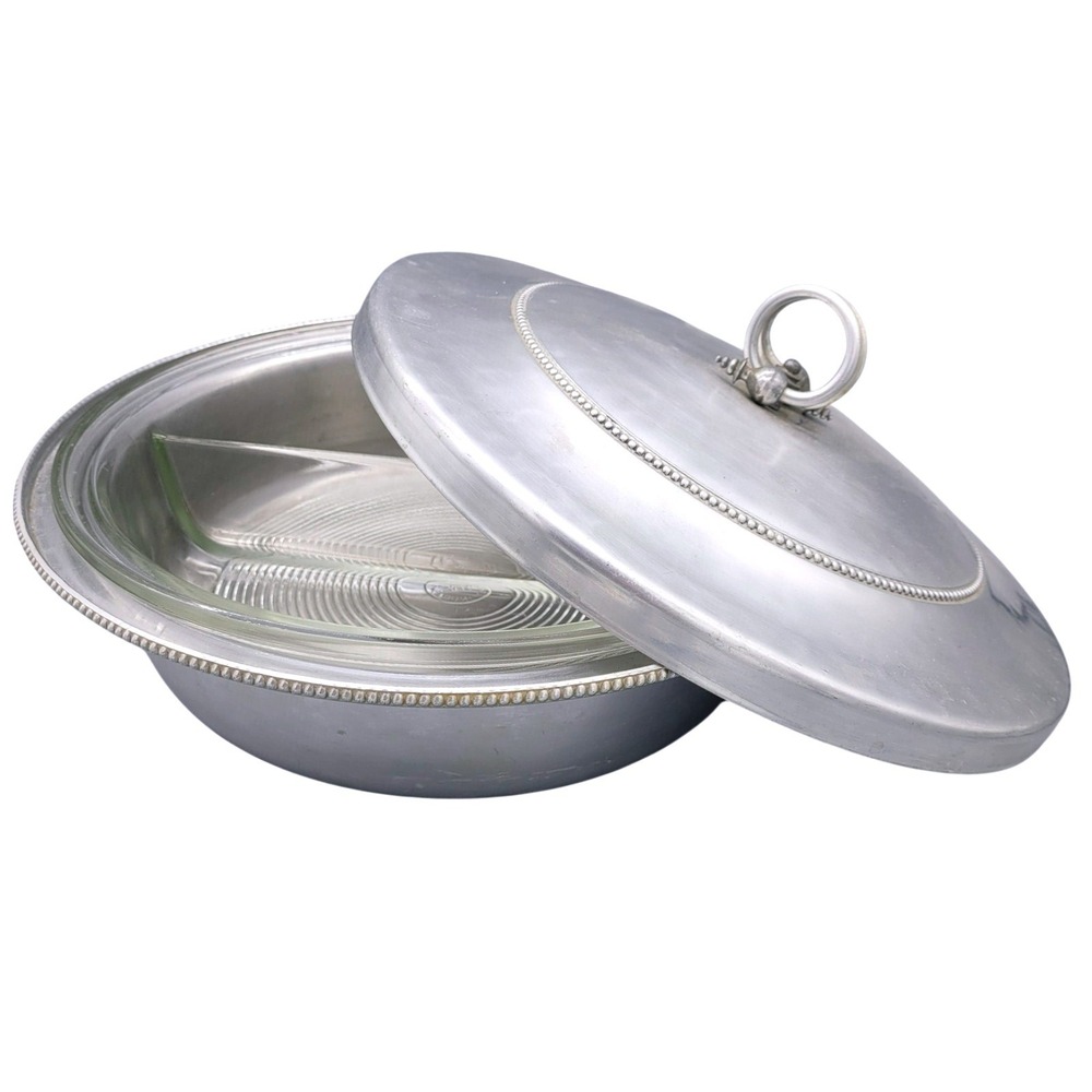 B W Buenilum Aluminum Covered Serving Dish w Pyrex #595 Divided Bowl Vintage